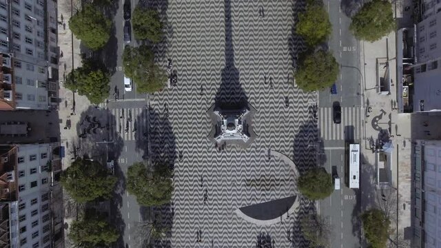 Rossio square dowtown Lisbon Portugal aerial shot 4k