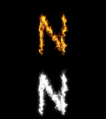 3D illustration of the letter n on fire with alpha layer