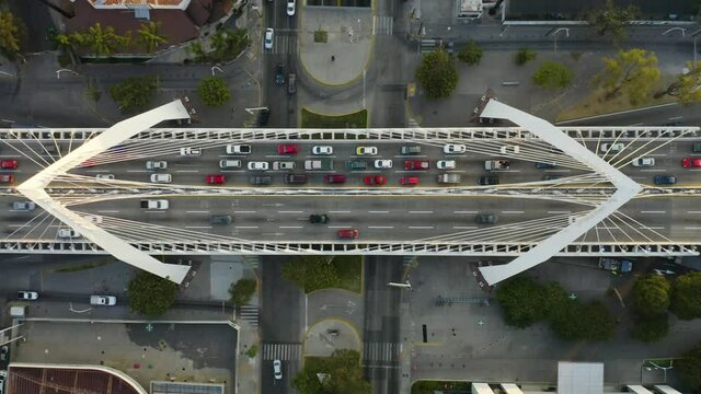 Bird's Eye View of Modern Cable Stayed Bridge. Boom Jib Up. Guadalajara, Mexico