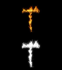 3D illustration of the letter t on fire with alpha layer