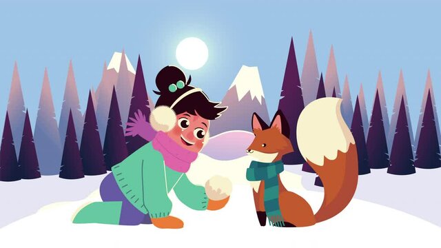 cute little girl and fox with christmas scarf in snowscape