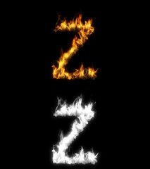 3D illustration of the letter z on fire with alpha layer