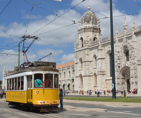 Fototapeta na wymiar Tramway and Hieronymites Monastery, Mosteiro dos Jeronimos, Unesco Heritage, Belem district, Lisboa, Lisbonne. Portugal.