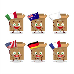Carton box cartoon character bring the flags of various countries