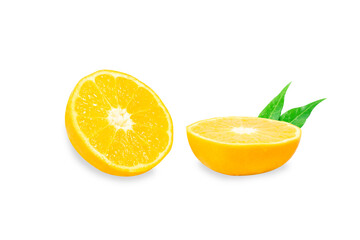 Orange fruit cut in half on a white background