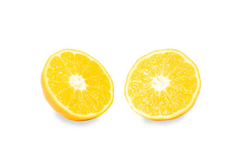 Orange fruit cut in half on a white background