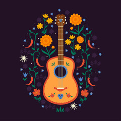 Composition with Mexican guitar and floral elements. The mood of the day of the dead. Vector graphics.