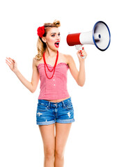 Excited blond woman holding megaphone and shout. Girl in pin up style, isolated over white background. Caucasian model with open mouth in retro vintage studio concept.