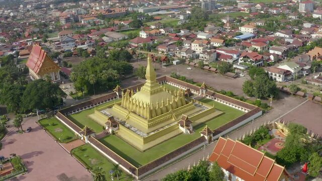 360 Drone shot of the famous Thatluang at Vientiane, Laos