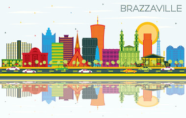 Obraz premium Brazzaville Republic of Congo City Skyline with Color Buildings, Blue Sky and Reflections.