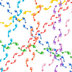 Cross ways colorful human footprints white background isolated, multicolor watercolor barefoot footsteps pattern, chaotic foot print walking paths, bare feet routes, chaos illustration, crossing lines