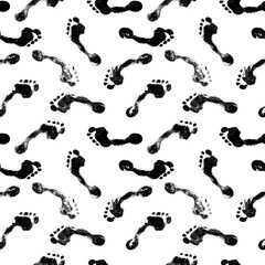 Seamless pattern of black human footprints white background isolated, dirty barefoot footsteps repeating ornament, chaotic foot prints, messy bare feet stains, abstract art illustration, chaos concept