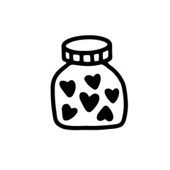 a glass bottle with a magic love potion. A magic potion. The elixir.vector illustration in doodle style. Design for Valentine's Day, Halloween