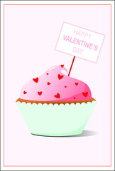 Cute Valentine's day card with pink cupcake and hearts