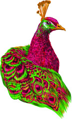 peacock portrait bird pink and green vector illustration