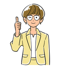 サムズアップする眼鏡をかけたビジネスウーマンの上半身
