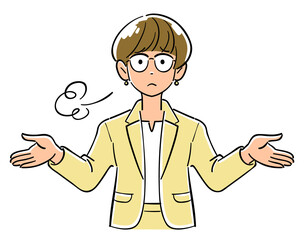 両手を広げてため息をつく、眼鏡をかけたビジネスウーマンの上半身
