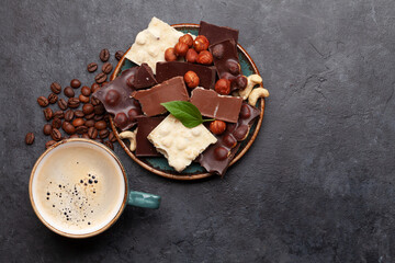 Various chocolate pieces, coffee and nuts