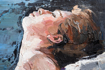 .Portrait of a girl who throws her head back. Fragment of oil painting.