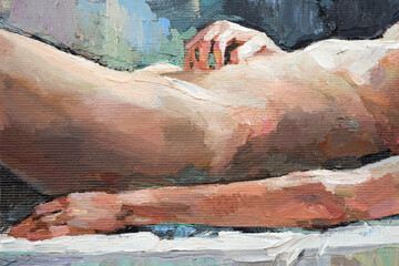 A fragment of the picture. Beautiful nude and woman  on a bright bluebackground. Oil painting on canvas.
