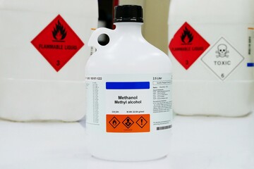 Bottle of Methanol, methyl alcohol, MeOH with Properties information and Variety type of chemical...