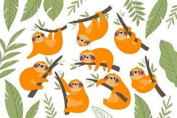 Cute cartoon character sloth/ Vector print with cute sloth bear in tropical leaves © NadezdaBarkova