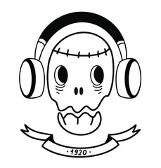 skull in headphones with the inscription 1920. in the style of old cartoons.