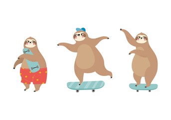 Cute cartoon character sloth skater. Vector print with cute sloth bear on a skateboard