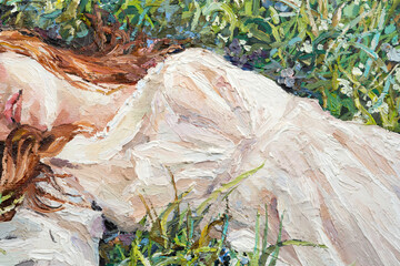 A fragment of the picture, where a  red-haired beauty, a young girl lies and dreams on the field among various summer grasses and wildflowers. Oil painting on canvas.
