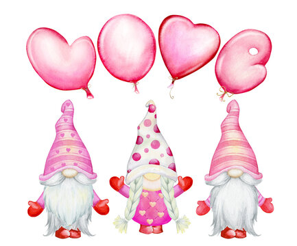 Gnomes, with balloons, in cartoon style. Watercolor clipart, on an isolated background, for greeting cards, for the holiday, Valentine's day