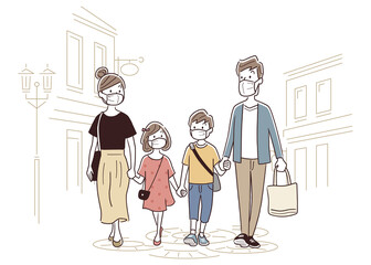 ベクターイラスト素材：家族で買い物、マスク
