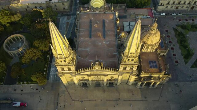 People Walking in Front of Guadalajara Cathedral. Descend. Birds Eye Aerial View