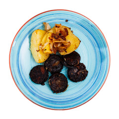 Spanish blood sausage morcilla served with potato and onion. Isolated over white background