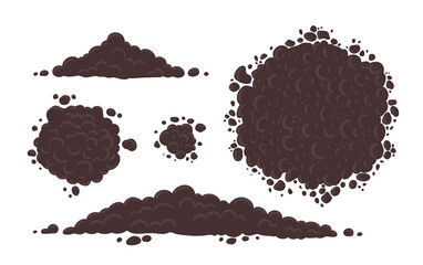 Soil for growing plants set. Pile of ground, heap of soil. For agricultural. Top and bottom view. Round long and small. Vector illustration.