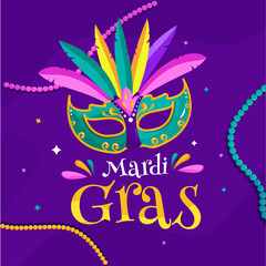 Mardi Gras Text With Colorful Carnival Mask On Purple Background For Celebration Concept.