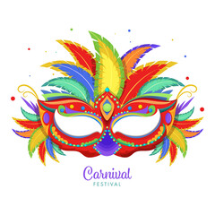 Carnival Festival Concept With Colorful Party Mask And Feathers On White Background.