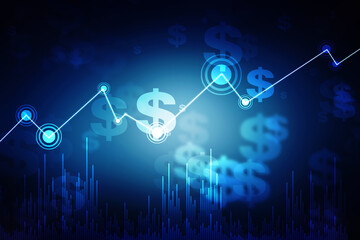 business line graph growing upwards in futuristic business background. Background filled with dollars and graph