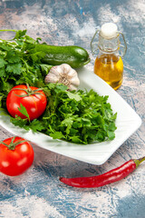 front view fresh greens with vegetables on a light-blue background ripe salad photo meal color