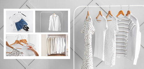 Collage of trendy clothes. Concept of stylist