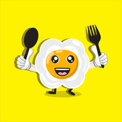 cute egg mascot illustration with spoon and fork
