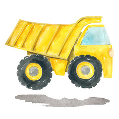 Cute cartoon illustration of construction yellow dump truck Hand painted watercolor children's design