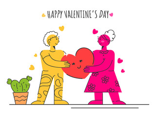 Vector Illustration Of Cartoon Couple Holding Heart Smiley And Plant Pot On White Background For Happy Valentine's Day.