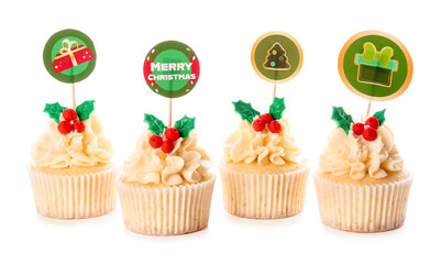 Tasty Christmas cupcakes on white background