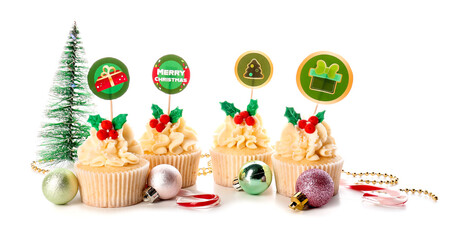 Tasty Christmas cupcakes and decor on white background