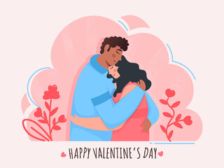 Illustration Of Young Couple Hugging Each Other With Flower Plants On Pink And White Background For Happy Valentine's Day.