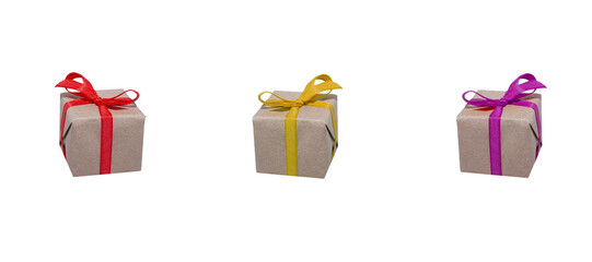 Three gift boxes with multicolored ribbons on white background.isolated.
