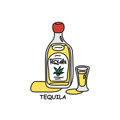 Tequila bottle and glass outline icon on white background. Colored cartoon sketch graphic design. Doodle style. Hand drawn image. Party drinks concept. Freehand drawing style