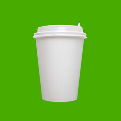 White paper coffee disposable cup with plastic lid isolated on bright green background. Concept for mockup and template with copy space.
