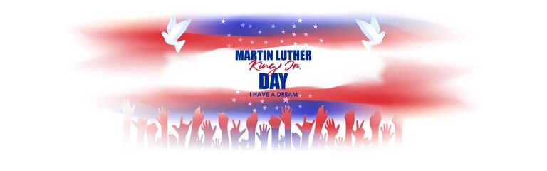 Vector illustration of Martin Luther King Jr. Day banner with, pigeon, stars and freedom hand on abstract background. I have a dream. - obrazy, fototapety, plakaty