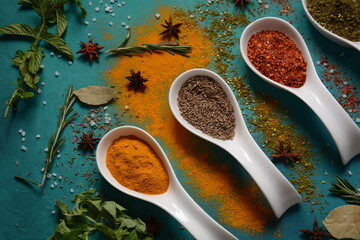 Various colorful herbs and spices for cooking in spoons. Pepper, chili, paprika, basil, turmeric.